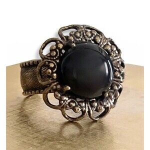 VTG Kenny MA SanFrancisco Statement Ring Brass Round Black Stone Flower Sz 6